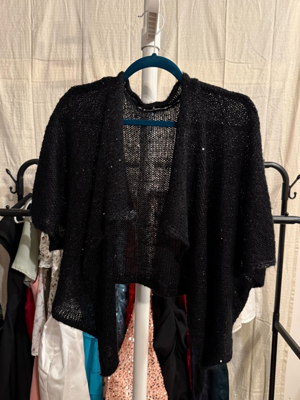 Jennifer Lopez Black Sequin Open-Front Knit Shrug